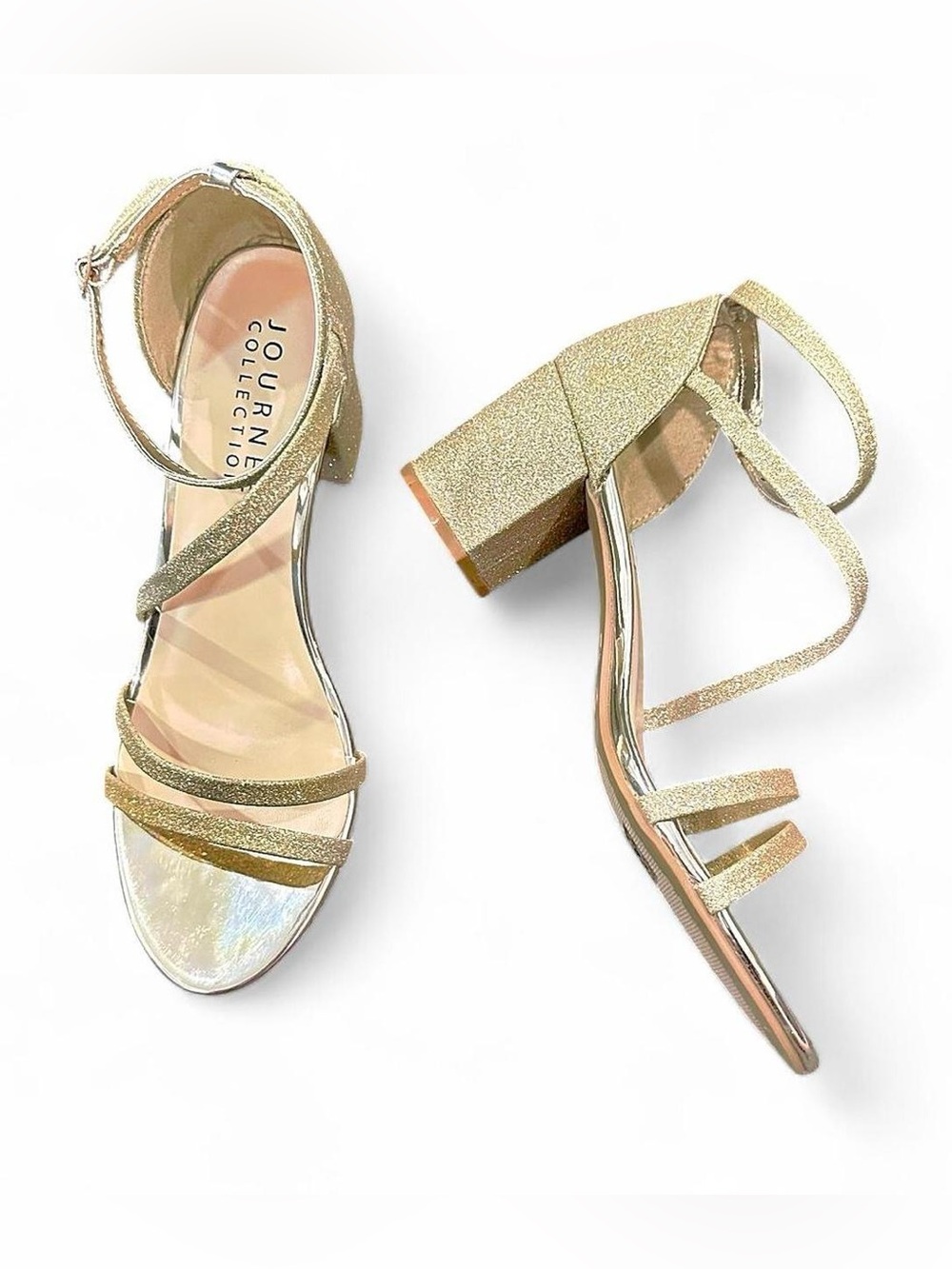 Journee Collection Gold Glitter Strappy Block Heels with Ankle Strap